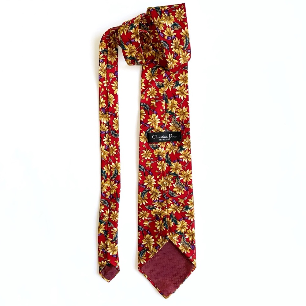 Christian Dior red golden yellow floral dragonfly print silk neck tie - Picture 3 of 5